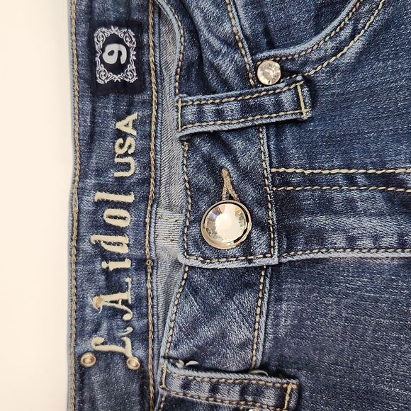 L.A. Idol Boot Cut Rhinestone Distressed Skinny Long Tall Jeans (Size 9 - 31x34) - Picture 7 of 15